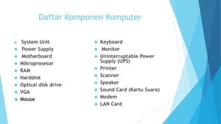 Daftar Komponen Komputer 
 System Unit 
 Power Supply 
 Motherboard 
 Mikroprosesor 
 RAM 
 Harddisk 
 Optical disk drive 
 VGA 
 Mouse 
 Keyboard 
 Monitor 
 Uninterruptable Power 
Supply (UPS) 
 Printer 
 Scanner 
 Speaker 
 Sound Card (Kartu Suara) 
 Modem 
 LAN Card 
 