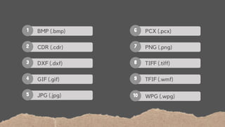 1 BMP (.bmp)
2 CDR (.cdr)
3 DXF (.dxf)
4 GIF (.gif)
5 JPG (.jpg)
6 PCX (.pcx)
7 PNG (.png)
8 TIFF (.tiff)
9 TFIF (.wmf)
10 WPG (.wpg)
 