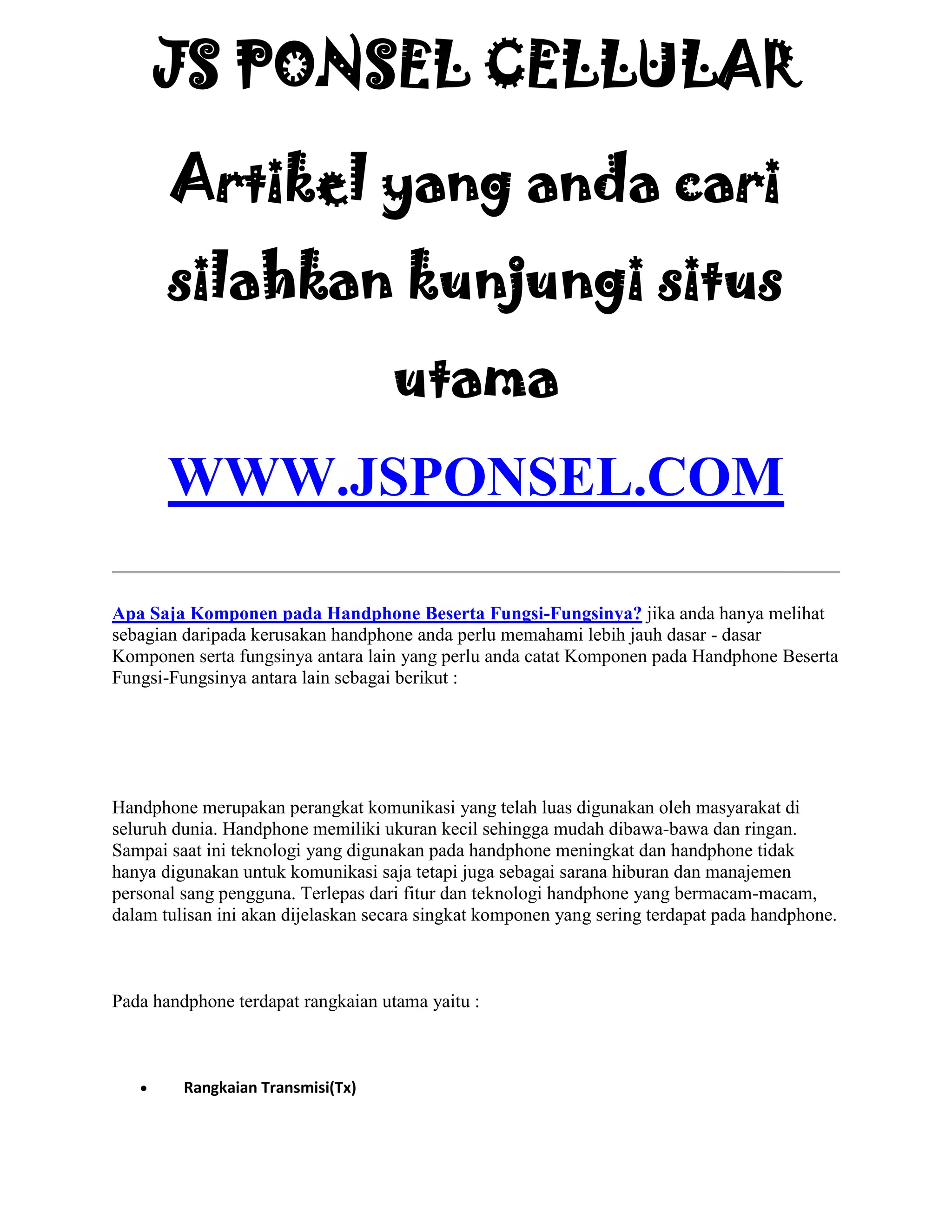 Komponen pada handphone fungsi fungsinya | PDF