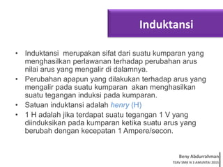 Beny Abdurrahman
TEAV SMK N 3 AMUNTAI 2015
Induktansi
• Induktansi merupakan sifat dari suatu kumparan yang
menghasilkan perlawanan terhadap perubahan arus
nilai arus yang mengalir di dalamnya.
• Perubahan apapun yang dilakukan terhadap arus yang
mengalir pada suatu kumparan akan menghasilkan
suatu tegangan induksi pada kumparan.
• Satuan induktansi adalah henry (H)
• 1 H adalah jika terdapat suatu tegangan 1 V yang
diinduksikan pada kumparan ketika suatu arus yang
berubah dengan kecepatan 1 Ampere/secon.
 