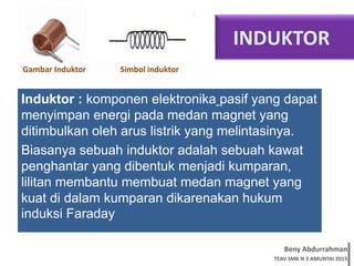 Beny Abdurrahman
TEAV SMK N 3 AMUNTAI 2015
INDUKTOR
Induktor : komponen elektronika pasif yang dapat
menyimpan energi pada medan magnet yang
ditimbulkan oleh arus listrik yang melintasinya.
Biasanya sebuah induktor adalah sebuah kawat
penghantar yang dibentuk menjadi kumparan,
lilitan membantu membuat medan magnet yang
kuat di dalam kumparan dikarenakan hukum
induksi Faraday
Simbol induktorGambar Induktor
 