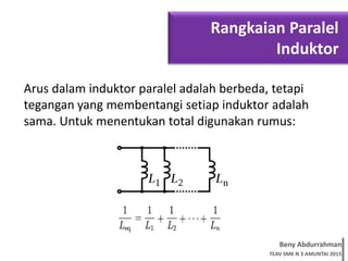 Beny Abdurrahman
TEAV SMK N 3 AMUNTAI 2015
Rangkaian Paralel
Induktor
Arus dalam induktor paralel adalah berbeda, tetapi
tegangan yang membentangi setiap induktor adalah
sama. Untuk menentukan total digunakan rumus:
 