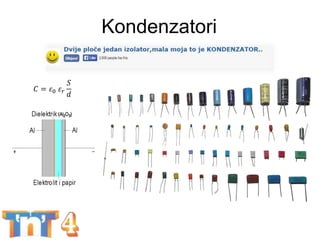 Kondenzatori
BEST week - Komponente za POČETNIKE 13
𝐶 = 𝜀0 𝜀 𝑟
𝑆
𝑑
 