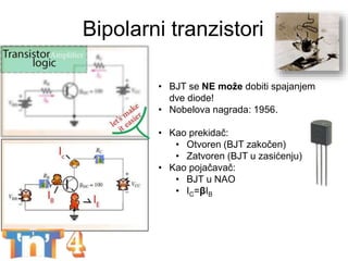 Bipolarni tranzistori
BEST week - Komponente za POČETNIKE 22
• BJT se NE može dobiti spajanjem
dve diode!
• Nobelova nagrada: 1956.
• Kao prekidač:
• Otvoren (BJT zakočen)
• Zatvoren (BJT u zasićenju)
• Kao pojačavač:
• BJT u NAO
• IC=βIB
 