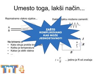Umesto toga, lakši način...
7
Dakle, sijalicu možemo zameniti:
da bi izračunali struju...
Ne brinemo o:
• Kako struja protiče kroz vlakno
• Kolika je temperatura
• Kakav je oblik vlakna
• ...
A
B
Razmatramo vlakno sijalice...
𝐼 =
𝑉
𝑅
... jedino je R od značaja
ZAŠTO
KOMPLIKOVANO
KAD MOŽE
JEDNOSTAVNO?!
 