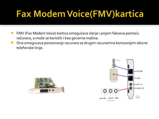FMV (Fax Modem Voice) kartica omogućava slanje i prijem faksova pomoću
računara, a može se koristiti i kao govorna mašina.
 Ona omogucava povezivanje racunara sa drugim racunarima koriscenjem obicne
telefonske linije.


 