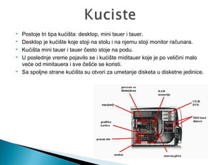 






Postoje tri tipa kućišta: desktop, mini tauer i tauer.
Desktop je kućište koje stoji na stolu i na njemu stoji monitor računara.
Kućišta mini tauer i tauer često stoje na podu.
U poslednje vreme pojavilo se i kućište miditauer koje je po veličini malo
veće od minitauera i sve češće se koristi.
Sa spoljne strane kućišta su otvori za umetanje disketa u disketne jedinice.

 