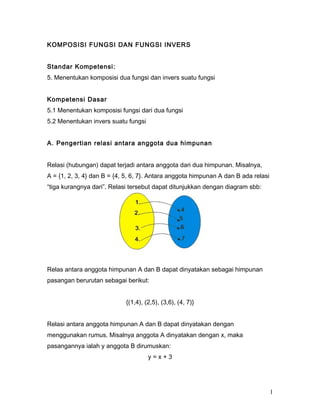 KOMPOSISI FUNGSI DAN FUNGSI INVERS


Standar Kompetensi:
5. Menentukan komposisi dua fungsi dan invers suatu fungsi


Kompetensi Dasar
5.1 Menentukan komposisi fungsi dari dua fungsi
5.2 Menentukan invers suatu fungsi


A. Pengertian relasi antara anggota dua himpunan


Relasi (hubungan) dapat terjadi antara anggota dari dua himpunan. Misalnya,
A = {1, 2, 3, 4} dan B = {4, 5, 6, 7}. Antara anggota himpunan A dan B ada relasi
“tiga kurangnya dari”. Relasi tersebut dapat ditunjukkan dengan diagram sbb:




Relas antara anggota himpunan A dan B dapat dinyatakan sebagai himpunan
pasangan berurutan sebagai berikut:


                            {(1,4), (2,5), (3,6), (4, 7)}


Relasi antara anggota himpunan A dan B dapat dinyatakan dengan
menggunakan rumus. Misalnya anggota A dinyatakan dengan x, maka
pasangannya ialah y anggota B dirumuskan:
                                     y=x+3




                                                                                    1
 