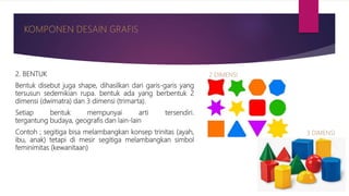 2. BENTUK
Bentuk disebut juga shape, dihasilkan dari garis-garis yang
tersusun sedemikian rupa. bentuk ada yang berbentuk 2
dimensi (dwimatra) dan 3 dimensi (trimarta).
Setiap bentuk mempunyai arti tersendiri.
tergantung budaya, geografis dan lain-lain
Contoh ; segitiga bisa melambangkan konsep trinitas (ayah,
ibu, anak) tetapi di mesir segitiga melambangkan simbol
feminimitas (kewanitaan)
 
