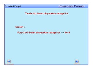 3. Notasi Fungsi Tanda f(x) boleh dinyatakan sebagai f:x Contoh : F(x)=3x+5 boleh dinyatakan sebagai f:x  3x+5 Sebelumnya ...