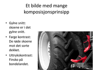 Et bilde med mange
            komposisjonsprinsipp

• Gylne snitt:
  skoene er i det
  gylne snitt.
• Farge kontrast:
  De røde skoene
  mot det sorte
  dekket.
• Uttrykskontrast:
  Finsko på
  bondelandet.
 