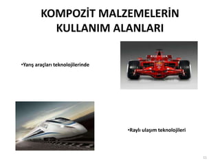 KOMPOZİT MALZEMELERİN
KULLANIM ALANLARI
•Raylı ulaşım teknolojileri
•Yarış araçları teknolojilerinde
11
 