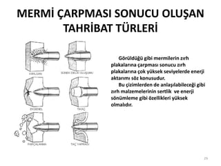 MERMİ ÇARPMASI SONUCU OLUŞAN
TAHRİBAT TÜRLERİ
29
Görüldüğü gibi mermilerin zırh
plakalarına çarpması sonucu zırh
plakalarına çok yüksek seviyelerde enerji
aktarımı söz konusudur.
Bu çizimlerden de anlaşılabileceği gibi
zırh malzemelerinin sertlik ve enerji
sönümleme gibi özellikleri yüksek
olmalıdır.
 