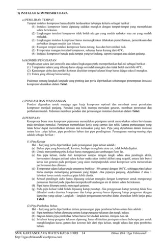 SMK KARTANEGARA WATES KAB.KEDIRI Dibuat Oleh : Ega Vebriasandi
http://egavebriasandi.wordpress.com
14
5) INSTALASI KOMPRESOR UDARA
a) PEMILIHAN TEMPAT
Tempat instalasi kompresor harus dipilih berdasarkan beberapa kriteria sebagai berikut :
(1) Instalasi kompresor harus dipasang sedekat mungkin dengan tempat-tempat yang memerlukan
udara bertekanan.
(2) Lingkungan instalasi kompresor tidak boleh ada gas yang mudah terbakar atau zat yang mudah
meledak.
(3) Lingkungan instalasi kompresor harus memungkinkan dilakukan pemeliharaan, pemeriksaan dan
perbaikan dengan mudah dan leluasa.
(4) Ruangan tempat instalasi kompresor harus terang, luas dan berventilasi baik.
(5) Temperatur ruangan instalasi kompresor, suhunya harus kurang dari 40o
C.
(6) Instalasi kompresor berada pada tempat yang terlindung, seperti ruangan atau dalam gedung.
b) KONDISI PENGISAPAN
Penghisapan udara dari atmosfir atau udara lingkungan perlu memperhatikan hal-hal sebagai berikut :
(1) Temperatur udara yang dihisap harus dijaga serendah mungkin dan tidak boleh melebihi 40o
C.
(2) Kandungan debu dan partikel kotoran disekitar tempat/saluran hisap harus dijaga sekecil mungkin.
(3) Udara yang dihisap harus kering.
Pedoman tentang langkah-langkah yang penting dan perlu diperhatikan sehubungan penempatan instalasi
kompresor diuraikan dalam Tabel.
c) PONDASI DAN PEMASANGAN
Pondasi digunakan untuk menjaga agar kerja kompresor optimal dan membuat umur pemakaian
kompresor menjadi panjang. Pondasi yang baik mampu meredam getaran, membuat perawatan dan
perbaikan mudah. Pedoman membuat pondasi dan pemasangan instalasi diuraikan dalam Tabel.
d) PEMIPAAN
Kompresor besar atau kompresor permanen memerlukan pemipaan untuk menyalurkan udara bertekanan
pada peralatan pemakai. Pemipaan memerlukan kerja yang cermat dan teliti, karena pemasangan yang
tidak benar dapat menimbulkan retakan dan kerusakan yang lain. Pipa yang diperlukan dalam instalasi
antara lain : pipa keluar, pipa pembebas beban dan pipa pendinginan. Penanganan masing-masing pipa
adalah sebagai berikut :
(1) Pipa Keluar
Hal – hal yang perlu diperhatikan pada penanganan pipa keluar adalah :
(a) Bahan pipa yang berminyak, karatan, berlapis arang batu atau cat, tidak boleh dipakai.
(b) Untuk menyambung pipa keluar harus menggunakan sambungan flens las.
(c) Jika pipa keluar, mulai dari kompresor sampai dengan tangki udara atau pendingin akhir,
beresonansi dengan pulsasi udara keluar maka akan timbul akibat yang negatif, antara lain bunyi
keras dan getaran pada pemipaan yang akan memperpendek umur kompresor serta menurunkan
performansi dan efisiensi.
(d) Temperatur udara keluar pada umumnya berkisar 140 sampai dengan 180o
C, sehingga pipa keluar
harus mampu menampung pemuaian yang terjadi. Jika pipanya panjang, diperlukan 2 atau 1
belokan luwes untuk membuat pipa lebih elastis.
(e) Sebuah pendingin akhir harus dipasang sedekat mungkin dengan kompresor untuk mengurangi
pemuaian thermal pada pipa dan memperkecil kandungan air di dalam udara bertekanan.
(f) Pipa harus ditumpu untuk mencegah getaran.
(g) Pada pipa keluar tidak boleh dipasang katup penutup. Jika penggunaan katup penutup tidak bisa
dihindari maka diantara kompresor dan katup penutup harus dipasang katup pengaman dengan
kapasitas yang cukup. Langkah – langkah pengamanan tersebut diatas diuraikan lebih lanjut pada
Tabel.
(2) Pipa Pembebas Beban
Hal – hal yang perlu diperhatikan dalam pemasangan pipa pembatas beban antara lain adalah :
(a) Pipa pembatas beban dipasang antara katup pengatur tekanan dan tangki udara.
(b) Bagian dalam pipa pembebas beban harus bersih dari kotoran, minyak dan cat.
(c) Sebelum katup pengatur tekanan dipasang, harus dilakukan peniupan selama beberapa jam untuk
menghilangkan karat, geram dan kotoran lain dari pipa keluar, tangki udara dan pipa pembebas
beban.
 