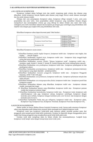 SMK KARTANEGARA WATES KAB.KEDIRI Dibuat Oleh : Ega Vebriasandi
http://egavebriasandi.wordpress.com
4
3. KLASIFIKASI DAN KONTRUKSI KOMPRESOR UDARA.
a) KLASIFIKASI KOMPRESOR
Kompresor terdapat dalam berbagai jenis dan model, tergantung pada volume dan tekanan yang
dihasilkan. Istilah kompresor banyak dipakai pada tekanan yang tinggi, blower untuk tekanan menengah
dan fan untuk tekanan rendah.
Ditinjau dari cara pemampatan (kompresi) udara, kompresor dibagi menjadi 2 jenis, yaitu jenis
perpindahan dan jenis turbo. Jenis perpindahan adalah kompresor yang menaikkan tekanan dengan
memperkecil atau memampatkan volume gas yang dihisap ke dalam silinder atau stator oleh torak,
sedangkan jenis turbo menaikkan tekanan dan kecepatan gas dengan gaya sentrifugal yang ditimbulkan oleh
impeller atau dengan gaya angkat (lift) yang ditimbulkan oleh sudu.
Klasifikasi kompresor udara dapat dicermati pada Tabel berikut :
Tipe Kompresor
Kompresor Piston Balas
Kompresor Piston
Kompresor Diaphragma
Kompresor Gerak Putar Piston
Kompresor Geser
Kompresor Poros Sekrup
Kompresor Roots
Kompresor Alir
Kompresor Alir Radial
Kompresor Alir Aksial
Klasifikasi Kompresor secara umum :
1.Klasifikasi berdasar jumlah tingkat kompresi, kompresor terdiri atas : kompresor satu tingkat, dua
tingkat, ... , banyak tingkat).
2.Klasifikasi berdasarkan langkah kerja, kompresor terdiri atas : kompresor kerja tunggal/single
acting dan kerja ganda/double acting).
3.Klasifikasi berdasarkan susunan silinder “khusus kompresor torak”, kompresor terdiri atas :
mendatar, tegak, bentuk L, bentuk V, bentuk W, bentuk bintang dan lawan imbang/balans oposed).
4.Klasifikasi berdasarkan cara pendinginan, kompresor terdiri atas : kompresor pendinginan air dan
pendinginan udara).
5.Klasifikasi berdasarkan penempatannya, kompresor terdiri atas : kompresor permanen/stationary
dan kompresor yang dapat dipindah – pindah/portable).
6.Klasifikasi berdasarkan transmisi penggerak, kompresor terdiri atas : kompresor Penggerak
langsung, sabuk V dan roda gigi).
7.Klasifikasi berdasarkan cara pelumasan, kompresor terdiri atas : kompresor pelumasan minyak dan
tanpa minyak).
8.Klasifikasi berdasarkan cara mengompresikan fluida, kompresor terdiri atas : kompresor positif dan
kompresor negatif.
9.Klasifikasi berdasarkan tekanan yang dihasilkan, kompresor terdiri atas : kompresor tekanan
rendah, menengah dan tinggi.
10. Klasifikasi berdasarkan putaran yang dibutuhkan, kompresor terdiri atas : Kompresor putaran
rendah dan kompresor putaran tinggi.
11.Klasifikasi berdasarkan kontruksinya, kompresor terdiri atas : Kompresor torak, kompresor arah
radial/kompresor roda gigi, kompresor sekrup, kompresor sentrifugal, kompresor dengan
kontruksi jenis terbuka, kompresor dengan kontruksi jenis semi hermetic dan kompresor dengan
kontruksi jenis hermetic.
12.Klasifikasi berdasarkan fluida atau gas refrigerasi, kompresor terdiri atas : Kompresor udara,
Kompresor Uap, Kompresor Gas, Kompresor Amoniak, Kompresor Freon dan Kompresor CO2.
b) KONTRUKSI KOMPRESOR
Dalam modul ini hanya dibahas khusus kontruksi kompresor torak, karena pada umumnya kompresor
udara yang digunakan pada bidang kerja otomotif skala menengah kecil adalah kompresor torak.
Kompresor torak atau kompresor bolak-balik pada dasarnya adalah merubah gerakan putar dari
penggerak mula menjadi gerak bolak-balik torak/piston. Gerakan ini diperoleh dengan menggunakan poros
engkol dan batang penggerak yang menghasilkan gerak bolak-balik pada torak.
Gerakan torak akan menghisap udara ke dalam silinder dan memampatkannya. Langkah kerja
kompresor torak hampir sama dengan konsep kerja motor torak yaitu :
 