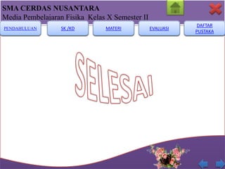 SMA CERDAS NUSANTARA
Media Pembelajaran Fisika Kelas X Semester II
PENDAHULUAN

SK /KD

MATERI

EVALUASI

DAFTAR
PUSTAKA

 