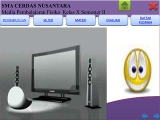 SMA CERDAS NUSANTARA
Media Pembelajaran Fisika Kelas X Semester II
PENDAHULUAN

SK /KD

MATERI

EVALUASI

DAFTAR
PUSTAKA

 