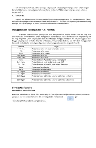 Cell Pointer (penunjuk sel), adalah penunjuk sel yang aktif. Sel adalah perpotongan antara kolom dengan
baris. Sel diberi nama menurut posisi kolom dan baris. Contoh. Sel A1 berarti perpotongan antara kolom A
dengan baris 1.
4. Formula Bar
Formula Bar, adalah tempat kita untuk mengetikkan rumus-rumus yang akan kita gunakan nantinya. Dalam
Microsoft Excel pengetikkan rumus harus diawali dengan tanda ‘=’ . Misalnya kita ingin menjumlahkan nilai yang
terdapat pada sel A1 dengan B1, maka pada formula bar dapat diketikkan =A1+B1 .
Menggerakkan Penunjuk Sel (Cell Pointer)
Cell Pointer berfungsi untuk penunjuk sel aktif. Yang dimaksud dengan sel aktif ialah sel yang akan
dilakukan suatu operasi tertentu. Untuk menggerakan ponter dengan Mouse dapat dilakukan dengan meng-klik
sel yang diinginkan. Untuk sel yang tidak kelihatan kita dapat menggunakan Scroll Bar untuk menggeser layar
hingga sel yang dicari kelihatan lalu klik sel tersebut. Untuk kondisi tertentu kita lebih baik menggunakan
keyboard. Berikut daftar tombol yang digunakan untuk menggerakan pointer dengan keyboard :
Tombol Fungsi
← ↑ → ↓ Pindah satu sel ke kiri, atas, kanan atau bawah
Tab Pindah satu sel ke kanan
Enter Pindah satu sel ke bawah
Shift + Tab Pindah satu sel ke kiri
Shift + Enter Pindah satu sel ke atas
Home Pindah ke kolom A pada baris yang sedang dipilih
Ctrl + Home Pindah ke sel A1 pada lembar kerja yang aktif
Ctrl + End Pindah ke posisi sel terakhir yang sedang digunakan
PgUp Pindah satu layar ke atas
PgDn Pindah satu layar ke bawah
Alt + PgUp Pindah satu layar ke kiri
Alt + PgDn Pindah satu layar ke kanan
Ctrl + PgUp Pindah dari satu tab lembar kerja ke tab lembar berikutnya
Ctrl + PgDn Pindah dari satu tab lembar kerja ke tab lembar sebelumnya
Format Worksheets
MENAMBAHKAN BORDER DAN COLOR
Kita dapat menambahkan border pada lembar kerja kita. Caranya adalah dengan memblok terlebih dahulu cell
yang akan kita beri border, kemudian klik tombol pada tab home seperti gbr
Kemudian pilihlah jenis border yang diinginkan.
 