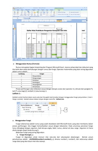 o Menggunakan Rumus (Formula)
Rumus merupakan bagian terpenting dari Program Microsoft Excel , karena setiap tabel dan dokumen yang
kita ketik akan selalu berhubungan dengan rumus dan fungsi. Operator matematika yang akan sering digunakan
dalam rumus adalah ;
Lambang Fungsi
+ Penjumlahan
- Pengurangan
* Perkalian
/ Pembagian
^ Perpangkatan
% Persentase
Proses perhitungan akan dilakukan sesuai dengan derajat urutan dari operator ini, dimulai dari pangkat (^),
kali (*), atau bagi (/), tambah (+) atau kurang (-).
Latihan 1 :
Ketiklah contoh berikut dalam excel anda dan hitunglah total tersebut dengan menggunakan fungsi penjumlahan. ( total =
Harga x Jumlah). Setelah selesai silakan simpan dengan nama file : latihan1.xls.
o Menggunakan Fungsi
Fungsi sebenarnya adalah rumus yang sudah disediakan oleh Microsoft Excel, yang akan membantu dalam
proses perhitungan. kita tinggal memanfaatkan sesuai dengan kebutuhan. Pada umumnya penulisan fungsi
harus dilengkapi dengan argumen, baik berupa angka, label, rumus, alamat sel atau range. Argumen ini harus
ditulis dengan diapit tanda kurung ().
Beberapa Fungsi yang sering digunakan:
1. Fungsi Average(…)
Fungsi ini digunakan untuk mencari nilai rata-rata dari sekumpulan data(range). Bentuk umum
penulisannya adalah =AVERAGE(number1,number2,…), dimana number1, number2, dan seterusnya adalah
range data yang akan dicari nilai rata-ratanya.
?
 