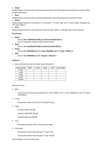 • Materi
Didapat dengan membaca table anak yang terdapat pada Tabel Anak dengan kunci pembacaan, dengan melihat
karakter pertamanya.
• Biaya
Didapat dengan membaca table anak yang terdapat pada Tabel Anak dengan kunci pembacaan Kode.
• Waktu
Didapat dengan ketentuan, jika karakter ke-3 dari Kode = “P” maka “Pagi”, jika “S” maka “Siang”, sedangkan jika
“M” maka “Malam”.
• Kelas
Didapat dengan ketentuan, jika karakter ke-5 Kode=0 maka “Regular”, sedangkan jika 1 maka “Diploma”.
Penyelesaian:
 Materi
Pada sel D6 =VLOOKUP((LEFT(B6,1)),'Tabel Anak'!$A$2:$C$5,2)
Tanda ‘$’ digunakan sebagai fungsi absolute/mutlak.
 Biaya
Pada sel E6 =VLOOKUP(LEFT(B6,1),'Tabel Anak'!$A$2:$C$5,3)
 Waktu
Pada Sel F6 =IF(MID(B6,3,1)="P","Pagi",IF(MID(B6,3,1)="S","Siang","Malam"))
 Kelas
Pada Sel G6 =IF(MID(B6,5,1)="0","Regular","Diploma")
Latihan 4 :
1. Buka workbook baru, dan buat tabel seperti dibawah ini:
Kode Barang Merk Jumlah Harga Total Keterangan
N-12C
S-10K
S-05K
N-23C
M-90K
Ketentuan Proses:
 Merk
Jika karakter pertama dari Kode Barang=”N”, maka “NOKIA”, jika “S” maka “SAMSUNG”, dan “M” adalah
“MOTOROLA.
 Jumlah
Mengambil karakter ke-3 dan ke-4 Field Kode Barang
 Harga
Jika Merk NOKIA 799.000
Jika Merk SAMSUNG 599.000
Jika Merk Motorola 499.000
 Total
Merupakan perkalian antara Jumlah dengan Harga
 Keterangan
Jika karakter terakhir Kode Barang=”C” maka “Cash”
Jika karakter terakhir Kode Barang=”K” maka “Kredit”
(Simpan dengan nama file latihan4.xls)
 