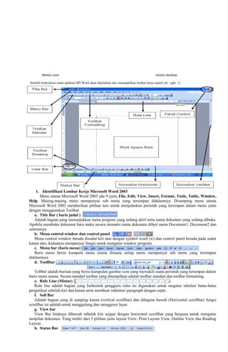 Melalui start melalui desktop
Setelah tereksekusi maka aplikasi MS Word akan dijalankan dan menampilkan lembar kerja seperti ini : (gbr .1)
1. Identifikasi Lembar Kerja Microsoft Word 2003
Menu utama Microsoft Word 2003 ada 9 yaitu File, Edit, View, Insert, Format, Tools, Table, Window,
Help. Masing-masing menu mempunyai sub menu yang tersimpan didalamnya. Disamping menu utama
Microsoft Word 2003 memberikan pilihan lain untuk menjalankan perintah yang tersimpan dalam menu yaitu
dengan menggunakan Toolbar.
a. Title Bar ( baris judul )
Adalah bagian yang menunjukkan nama program yang sedang aktif serta nama dokumen yang sedang dibuka.
Apabila membuka dokumen baru maka secara otomatis nama dokumen diberi nama Document1, Document2 dan
seterusnya.
b. Menu control window dan control panel /
Menu control window berada disudut kiri atas dengan symbol word (w) dan control panel berada pada sudut
kanan atas, keduanya mempunyai fungsi untuk mengatur window program.
c. Menu bar (baris menu)
Baris menu berisi kumpula menu utama dimana setiap menu mempunyai sub menu yang tersimpan
didalamnya.
d. Toollbar /
Tollbar adalah barisan yang berisi kumpulan gambar icon yang mewakili suatu perintah yang tersimpan dalam
baris menu utama. Secara standart toolbar yang ditampilkan adalah toolbar standart dan toolbar formatting.
e. Rule Line (Mistar)
Rule line adalah bagian yang berbentuk penggaris ruler ini digunakan untuk megatur tabulasi batas-batas
pengetikan sebelah kiri dan kanan serta membuat indentasi paragraph dengan cepat.
f. Soll Bar
Adalah bagian yang di samping kanan (vertical scrollbar) dan dibagian bawah (Horizontal scrollbar) fungsi
scrollbar ini adalah untuk menggulung dan menggeser layar.
g. View bar
View Bar letaknya dibawah sebelah kiri sejajar dengan horizontal scrollbar yang berguna untuk mengatur
tampilan dokumen. Yang terdiri dari 5 pilihan yaitu layout View, Print Layout View, Outline View dan Reading
Layout.
h. Status Bar
 