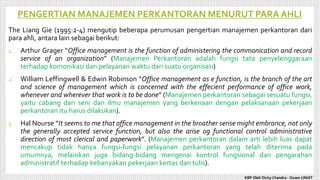 PENGERTIAN MANAJEMEN PERKANTORAN MENURUT PARA AHLI
The Liang Gie (1995:2-4) mengutip beberapa perumusan pengertian manajemen perkantoran dari
para ahli, antara lain sebagai berikut:
1. Arthur Grager “Office management is the function of administering the commonication and record
service of an organization” (Manajemen Perkantoran adalah fungsi tata penyelenggaraan
terhadap komonikasi dan pelayanan waktu dari suatu organisasi)
2. William Leffingwell & Edwin Robinson “Office management as e function, is the branch of the art
and science of management which is concerned with the effecient performance of office work,
whenever and wherever that work is to be done” (Manajemen perkantoran sebagai sesuatu fungsi,
yaitu cabang dari seni dan ilmu manajemen yang berkenaan dengan pelaksanaan pekerjaan
perkantoran itu harus dilakukan).
3. Hal Nourse “It seems to me that office management in the broather sense might embrance, not only
the generally accepted service function, but also the arise og functional control administrative
direction of most clerical and paperwork”. (Manajemen perkantoran dalam arti lebih luas dapat
mencakup tidak hanya fungsi-fungsi pelayanan perkantoran yang telah diterima pada
umumnya, melainkan juga bidang-bidang mengenai kontrol fungsional dan pengarahan
administratif terhadap kebanyakan pekerjaan kertas dan tulis).
KBP Oleh Dicky Chandra : Dosen UNIAT
 