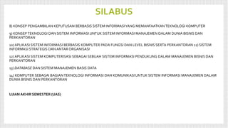 SILABUS
8) KONSEP PENGAMBILAN KEPUTUSAN BERBASIS SISTEM INFORMASIYANG MEMANFAATKAN TEKNOLOGI KOMPUTER
9) KONSEP TEKNOLOGI DAN SISTEM INFORMASI UNTUK SISTEM INFORMASI MANAJEMEN DALAM DUNIA BISNIS DAN
PERKANTORAN
10) APLIKASI SISTEM INFORMASI BERBASIS KOMPUTER PADA FUNGSI DAN LEVEL BISNIS SERTA PERKANTORAN 11) SISTEM
INFORMASI STRATEGIS DAN ANTAR ORGANISASI
12) APLIKASI SISTEM KOMPUTERISASI SEBAGAI SEBUAH SISTEM INFORMASI PENDUKUNG DALAM MANAJEMEN BISNIS DAN
PERKANTORAN
13) DATABASE DAN SISTEM MANAJEMEN BASIS DATA
14) KOMPUTER SEBAGAI BAGIANTEKNOLOGI INFORMASI DAN KOMUNIKASI UNTUK SISTEM INFORMASI MANAJEMEN DALAM
DUNIA BISNIS DAN PERKANTORAN
UJIAN AKHIR SEMESTER (UAS)
 