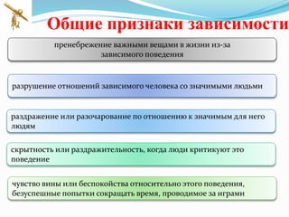 Общие признаки зависимости
пренебрежение важными вещами в жизни из-за
зависимого поведения
разрушение отношений зависимого человека со значимыми людьми
раздражение или разочарование по отношению к значимым для него
людям
скрытность или раздражительность, когда люди критикуют это
поведение
чувство вины или беспокойства относительно этого поведения,
безуспешные попытки сокращать время, проводимое за играми
 