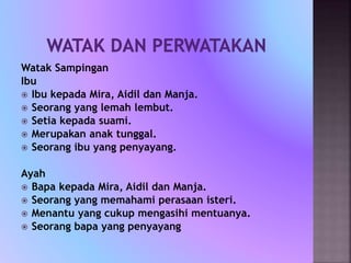 Watak Sampingan
Ibu
 Ibu kepada Mira, Aidil dan Manja.
 Seorang yang lemah lembut.
 Setia kepada suami.
 Merupakan anak tunggal.
 Seorang ibu yang penyayang.
Ayah
 Bapa kepada Mira, Aidil dan Manja.
 Seorang yang memahami perasaan isteri.
 Menantu yang cukup mengasihi mentuanya.
 Seorang bapa yang penyayang
 