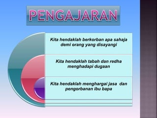 Kita hendaklah berkorban apa sahaja
demi orang yang disayangi
Kita hendaklah tabah dan redha
menghadapi dugaan
Kita hendaklah menghargai jasa dan
pengorbanan ibu bapa
 