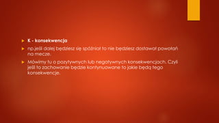  K - konsekwencja
 np.jeśli dalej będziesz się spóźniał to nie będziesz dostawał powołań
na mecze.
 Mówimy tu o pozytywnych lub negatywnych konsekwencjach. Czyli
jeśli to zachowanie będzie kontynuowane to jakie będą tego
konsekwencje.
 