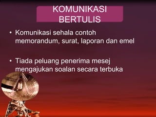 Komunikasisehalacontoh memorandum, surat, laporandanemelTiadapeluangpenerimamesejmengajukansoalansecaraterbukaKOMUNIKASI BERTULIS