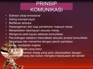 PRINSIP KOMUNIKASIElakkansikapemosionalSalingmempercayaiBerfikiranterbukaKeseragamandarisegipentafsiranmaksudmesejMenjelaskan idea/tujuansesuatumesejMengenalpastitujuansebenarkomunikasiPerundingansebelummemulakansesuatuproseskomunikasiMeyampaidanmenerimadenganpenuhperhatianMesejhendaklahringkasGunakan nada yang betulSesuaikanbentukmesej yang perludisampaikandenganpenerimamesejdanbukanmengikutkesesuaiandirisendiri