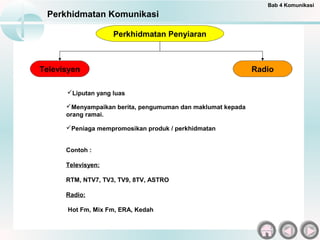 RadioTelevisyen
Perkhidmatan Komunikasi
Bab 4 Komunikasi
Perkhidmatan Penyiaran
Menyampaikan berita, pengumuman dan maklumat kepada
orang ramai.
Liputan yang luas
Peniaga mempromosikan produk / perkhidmatan
Contoh :
Televisyen:
RTM, NTV7, TV3, TV9, 8TV, ASTRO
Radio:
Hot Fm, Mix Fm, ERA, Kedah
 