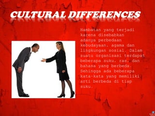 Hambatan yang terjadi
karena disebabkan
adanya perbedaan
kebudayaan, agama dan
lingkungan sosial. Dalam
suatu organisasi terdapat
beberapa suku, ras, dan
bahasa yang berbeda.
Sehingga ada beberapa
kata-kata yang memiliki
arti berbeda di tiap
suku.
 