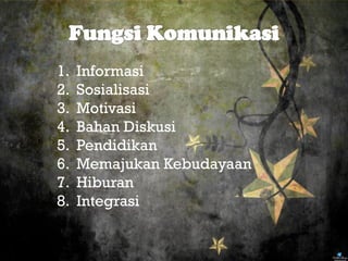 1. Informasi
2. Sosialisasi
3. Motivasi
4. Bahan Diskusi
5. Pendidikan
6. Memajukan Kebudayaan
7. Hiburan
8. Integrasi
 