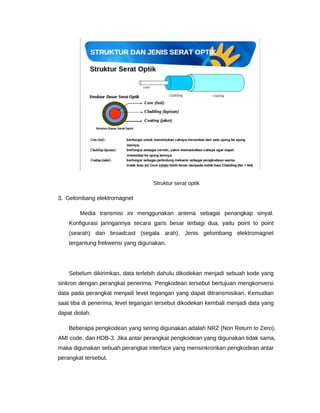 Struktur serat optik
3. Gelombang elektromagnet
Media transmisi ini menggunakan antena sebagai penangkap sinyal.
Konfigurasi jaringannya secara garis besar terbagi dua, yaitu point to point
(searah) dan broadcast (segala arah). Jenis gelombang elektromagnet
tergantung frekwensi yang digunakan.
Sebelum dikirimkan, data terlebih dahulu dikodekan menjadi sebuah kode yang
sinkron dengan perangkat penerima. Pengkodean tersebut bertujuan mengkonversi
data pada perangkat menjadi level tegangan yang dapat ditransmisikan. Kemudian
saat tiba di penerima, level tegangan tersebut dikodekan kembali menjadi data yang
dapat diolah.
Beberapa pengkodean yang sering digunakan adalah NRZ (Non Return to Zero),
AMI code, dan HDB-3. Jika antar perangkat pengkodean yang digunakan tidak sama,
maka digunakan sebuah perangkat interface yang mensinkronkan pengkodean antar
perangkat tersebut.
 