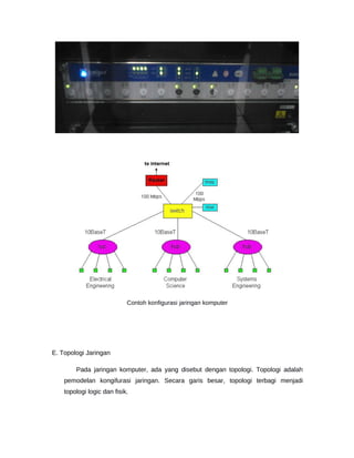 Contoh konfigurasi jaringan komputer
E. Topologi Jaringan
Pada jaringan komputer, ada yang disebut dengan topologi. Topologi adalah
pemodelan kongifurasi jaringan. Secara garis besar, topologi terbagi menjadi
topologi logic dan fisik.
 