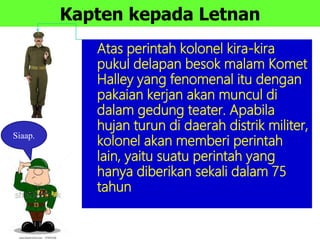 Kapten kepada Letnan
Atas perintah kolonel kira-kira
pukul delapan besok malam Komet
Halley yang fenomenal itu dengan
pakaian kerjan akan muncul di
dalam gedung teater. Apabila
hujan turun di daerah distrik militer,
kolonel akan memberi perintah
lain, yaitu suatu perintah yang
hanya diberikan sekali dalam 75
tahun
Siaap.
 