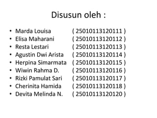 Disusun oleh : 
• Marda Louisa ( 25010113120111 ) 
• Elisa Maharani ( 25010113120112 ) 
• Resta Lestari ( 25010113120113 ) 
• Agustin Dwi Arista ( 25010113120114 ) 
• Herpina Simarmata ( 25010113120115 ) 
• Wiwin Rahma D. ( 25010113120116 ) 
• Rizki Pamulat Sari ( 25010113120117 ) 
• Cherinita Hamida ( 25010113120118 ) 
• Devita Melinda N. ( 25010113120120 ) 
 