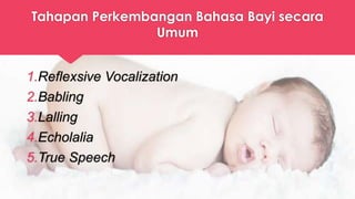 Tahapan Perkembangan Bahasa Bayi secara
Umum
1.Reflexsive Vocalization
2.Babling
3.Lalling
4.Echolalia
5.True Speech
 