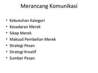 Merancang Komunikasi

•   Kebutuhan Kategori
•   Kesadaran Merek
•   Sikap Merek
•   Maksud Pembelian Merek
•   Strategi Pesan
•   Strategi Kreatif
•   Sumber Pesan
 