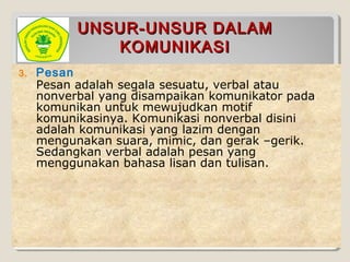 UNSUR-UNSUR DALAMUNSUR-UNSUR DALAM
KOMUNIKASIKOMUNIKASI
3. Pesan
Pesan adalah segala sesuatu, verbal atau
nonverbal yang disampaikan komunikator pada
komunikan untuk mewujudkan motif
komunikasinya. Komunikasi nonverbal disini
adalah komunikasi yang lazim dengan
mengunakan suara, mimic, dan gerak –gerik.
Sedangkan verbal adalah pesan yang
menggunakan bahasa lisan dan tulisan.
 