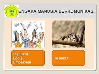 MENGAPA MANUSIA BERKOMUNIKASI
Instinktif
Logis
Emosional
Instinktif
 