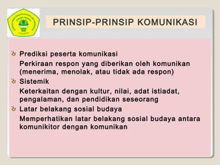 PRINSIP-PRINSIP KOMUNIKASI
Prediksi peserta komunikasi
Perkiraan respon yang diberikan oleh komunikan
(menerima, menolak, atau tidak ada respon)
Sistemik
Keterkaitan dengan kultur, nilai, adat istiadat,
pengalaman, dan pendidikan seseorang
Latar belakang sosial budaya
Memperhatikan latar belakang sosial budaya antara
komunikitor dengan komunikan
 