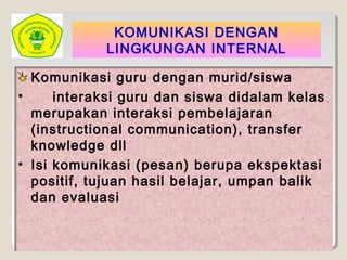 KOMUNIKASI DENGAN
LINGKUNGAN INTERNAL
Komunikasi guru dengan murid/siswa
• interaksi guru dan siswa didalam kelas
merupakan interaksi pembelajaran
(instructional communication), transfer
knowledge dll
• Isi komunikasi (pesan) berupa ekspektasi
positif, tujuan hasil belajar, umpan balik
dan evaluasi
 