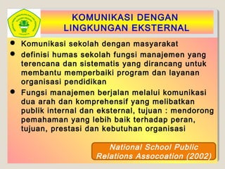 KOMUNIKASI DENGAN
LINGKUNGAN EKSTERNAL
 Komunikasi sekolah dengan masyarakat
 definisi humas sekolah fungsi manajemen yang
terencana dan sistematis yang dirancang untuk
membantu memperbaiki program dan layanan
organisasi pendidikan
 Fungsi manajemen berjalan melalui komunikasi
dua arah dan komprehensif yang melibatkan
publik internal dan eksternal, tujuan : mendorong
pemahaman yang lebih baik terhadap peran,
tujuan, prestasi dan kebutuhan organisasi
National School Public
Relations Assocoation (2002)
 