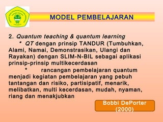 MODEL PEMBELAJARAN
2. Quantum teaching & quantum learning
* QT dengan prinsip TANDUR (Tumbuhkan,
Alami, Namai, Demonstrasikan, Ulangi dan
Rayakan) dengan SLIM-N-BIL sebagai aplikasi
prinsip-prinsip multikecerdasan
* rancangan pembelajaran quantum
menjadi kegiatan pembelajaran yang pebuh
tantangan dan risiko, partisipatif, menarik,
melibatkan, multi kecerdasan, mudah, nyaman,
riang dan menakjubkan
Bobbi DePorter
(2000)
 