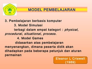 MODEL PEMBELAJARAN
3. Pembelajaran berbasis komputer
3. Model Simulasi
terbagi dalam empat kategori : physical,
procedural, situational, process.
4. Model Games
didasarkan atas pembelajaran
menyenangkan, dimana peserta didik akan
dihadapkan pada beberapa petunjuk dan aturan
permainan
Eleanor L Criswell
(1989)
 