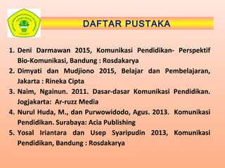 DAFTAR PUSTAKA
1. Deni Darmawan 2015, Komunikasi Pendidikan- Perspektif
Bio-Komunikasi, Bandung : Rosdakarya
2. Dimyati dan Mudjiono 2015, Belajar dan Pembelajaran,
Jakarta : Rineka Cipta
3. Naim, Ngainun. 2011. Dasar-dasar Komunikasi Pendidikan.
Jogjakarta: Ar-ruzz Media
4. Nurul Huda, M., dan Purwowidodo, Agus. 2013. Komunikasi
Pendidikan. Surabaya: Acia Publishing
5. Yosal Iriantara dan Usep Syaripudin 2013, Komunikasi
Pendidikan, Bandung : Rosdakarya
 